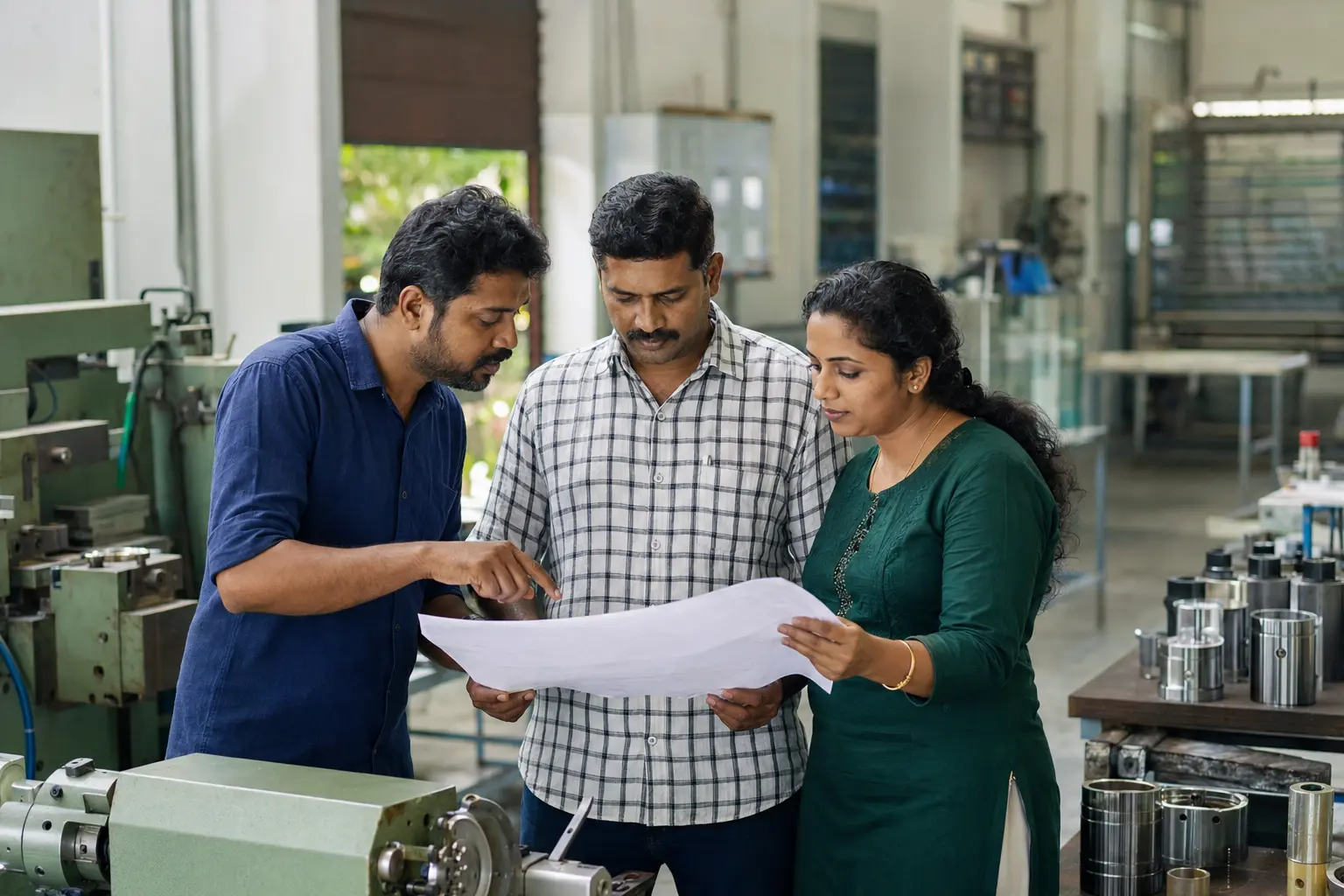 Indian manufacturing team reviewing production plans