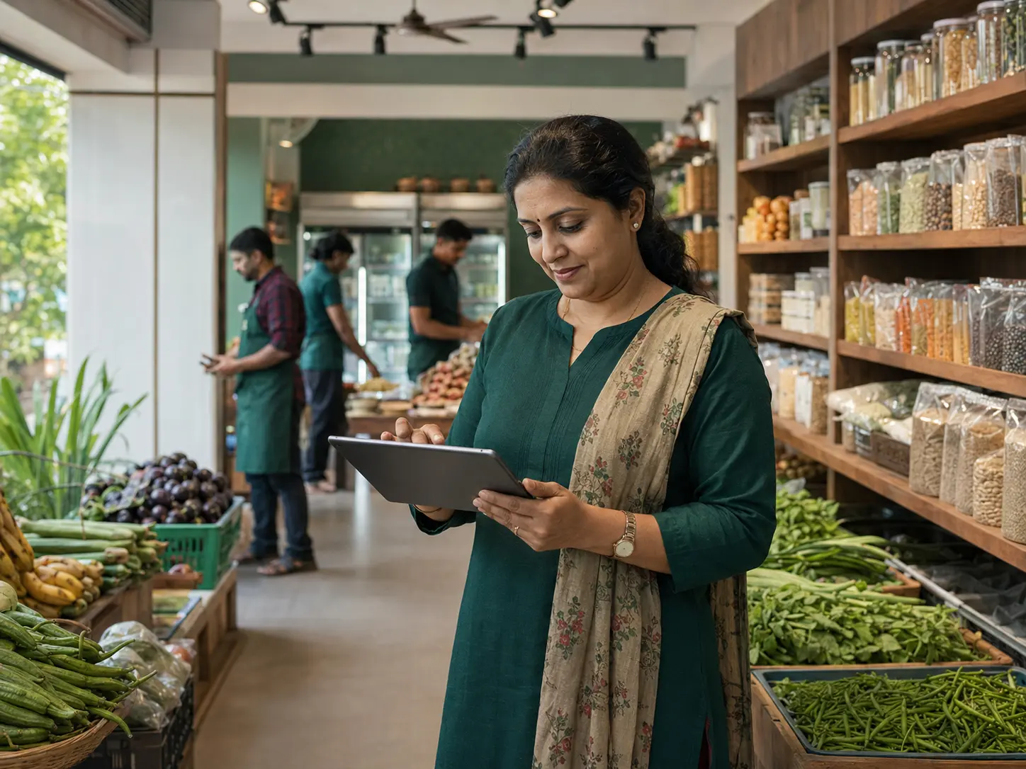 Indian retail entrepreneur reviewing business operations